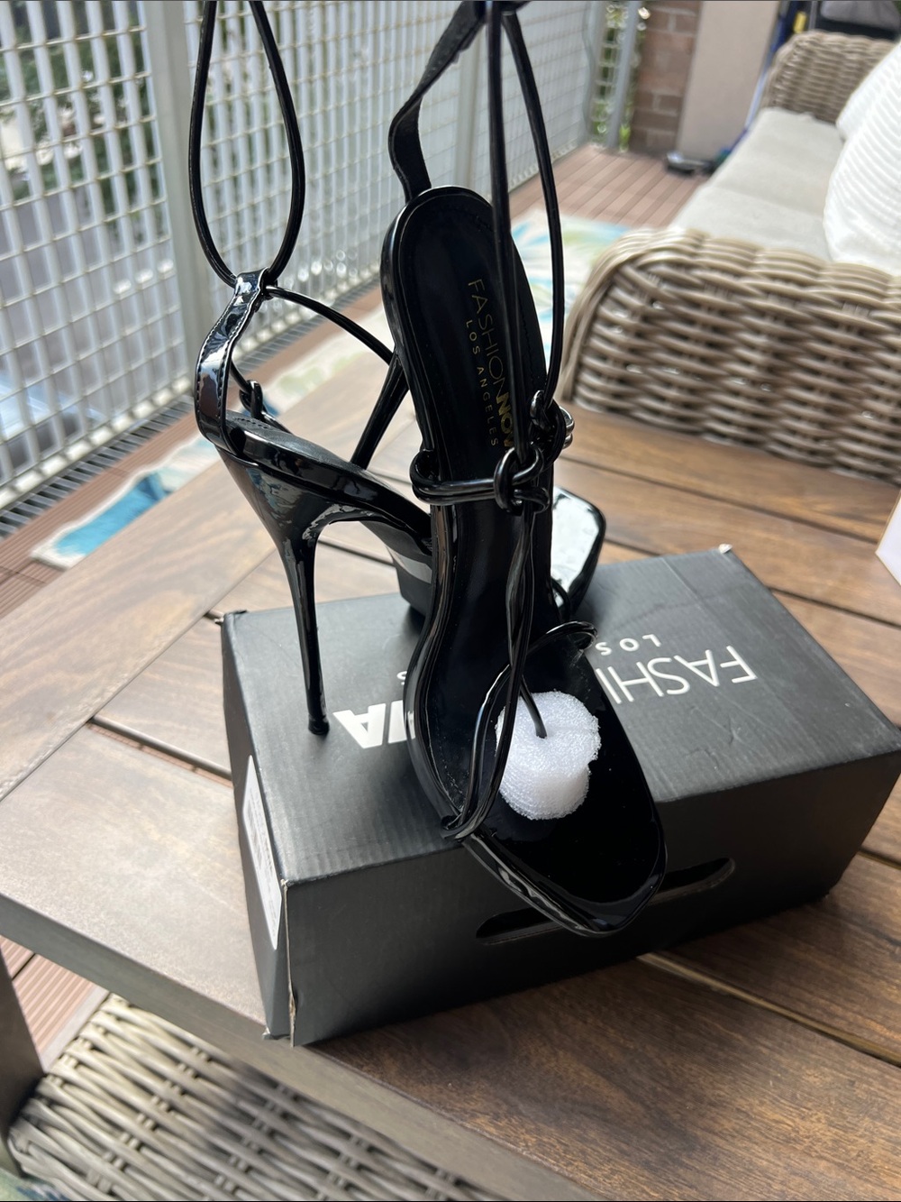 Fashion Nova Black Patent Stiletto Ankle-Tie Sandals